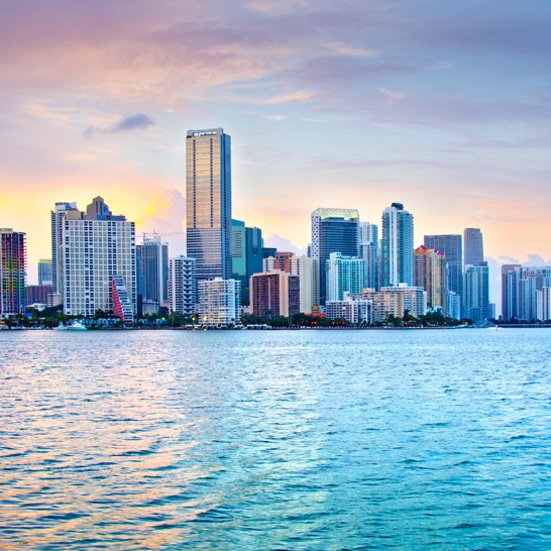 Stadtansicht mit hohen Gebäuden und Wasser, repräsentiert ikonische Städte der USA.