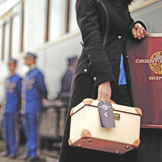 Eine Frau mit einem Koffer steht in der Nähe eines Zuges in Amsterdam.