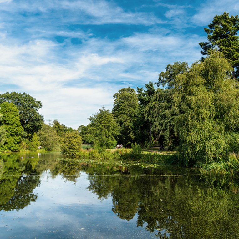 Ein Boot schwimmt auf dem Wasser in einem Park in London.