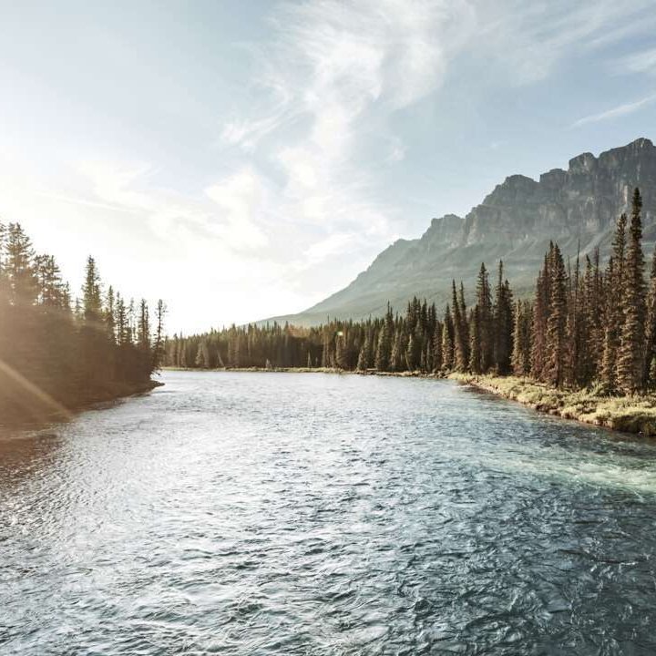 Une rivière entourée d'arbres avec des montagnes en arrière-plan, typique du paysage canadien.