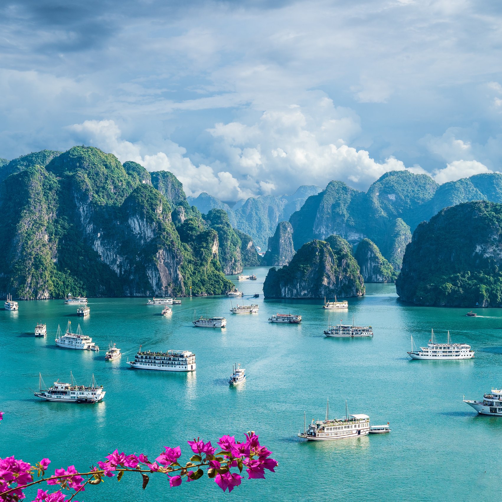 Blick auf die Halong-Bucht mit Dschunken und Kalksteinfelsen, Vietnam