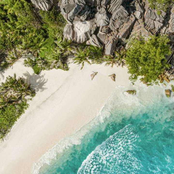Aerial-Ansicht eines traumhaften Strandes mit weissem Sand und üppigen Bäumen auf den Seychellen.