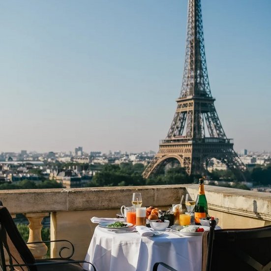 Ein Tisch für zwei mit Blick auf den Eiffelturm in Disneyland Paris, romantisch und einladend gedeckt.