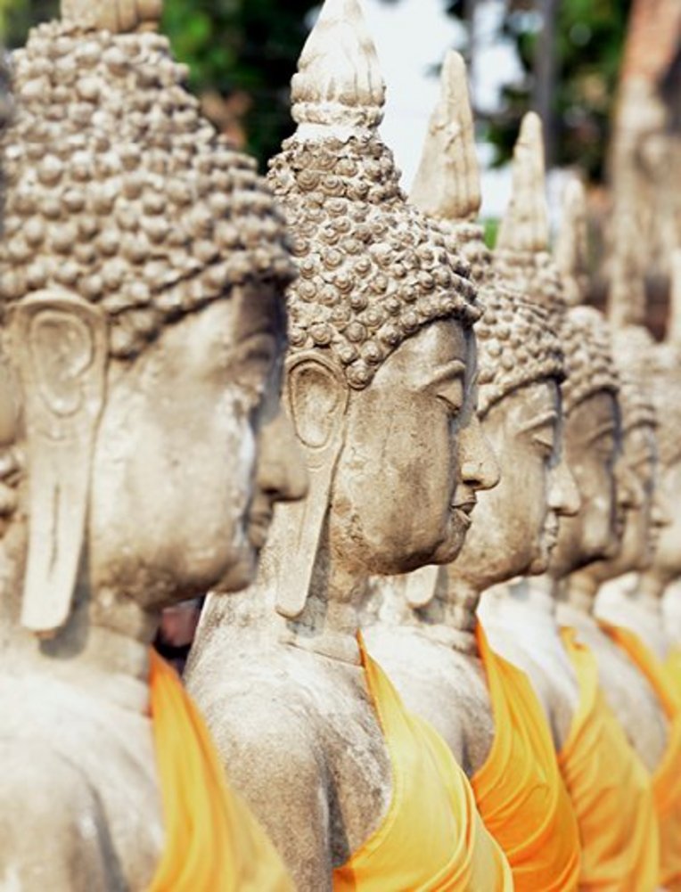 Eine Reihe von Statuen in Ayutthaya, Thailand, zeigt historische Kunstwerke in einem sonnigen Aussenbereich.