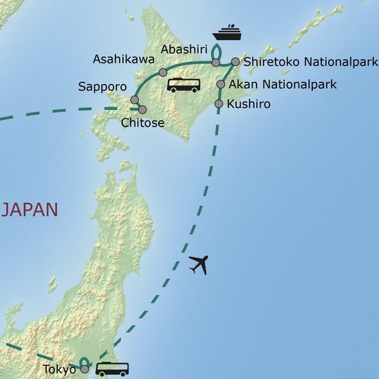 Reisekarte der Studienreise Hokkaido 2026 mit Route und Stationen