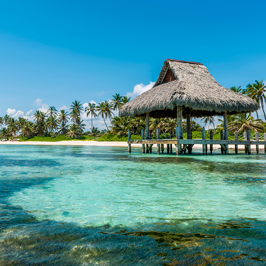 Ein Strand in Punta Cana mit einer Strohhütte und Palmen im Hintergrund.