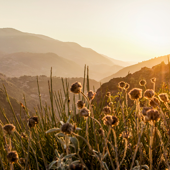 Blick auf das Gebirge im Peloponnes mit einem wunderschönen Sonnenuntergang im Hintergrund.