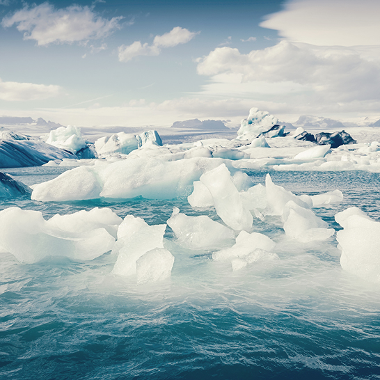 Eisstücke treiben im Wasser der Jökulsárlón Lagune in Island.
