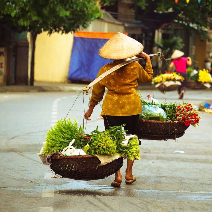 In Vietnam balanciert eine Frau Gemüse-Körbe auf ihrem Kopf, während sie durch den Markt geht.