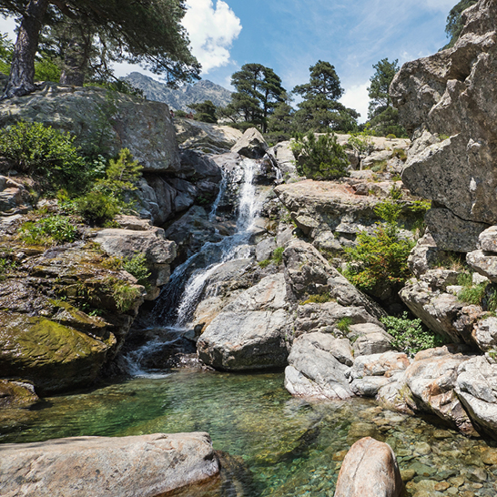 Ein Wasserfall in den Bergen, umgeben von grünen Bäumen und felsigen Klippen.