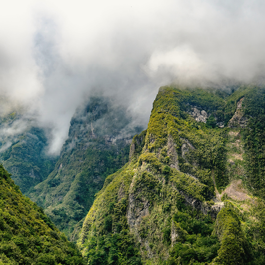 Gebirgskette mit üppigem Grün und Wolken, die den Himmel bedecken.