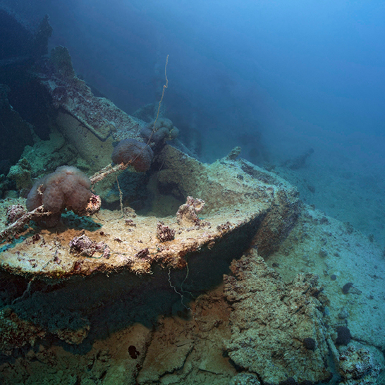 Unterwasseransicht eines alten Bootes in den Malediven, umgeben von klarem Wasser und bunten Korallen.