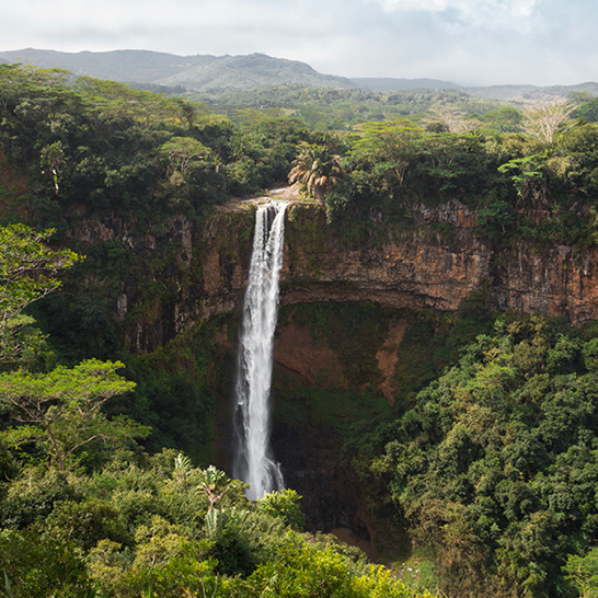 Majestätischer Wasserfall umgeben von dichtem, grünem Wald in Mauritius.