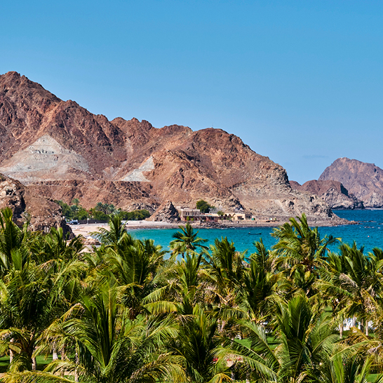 Blick auf den Strand und die Berge in Oman, die beeindruckenden Kontraste der Landschaft zeigen.