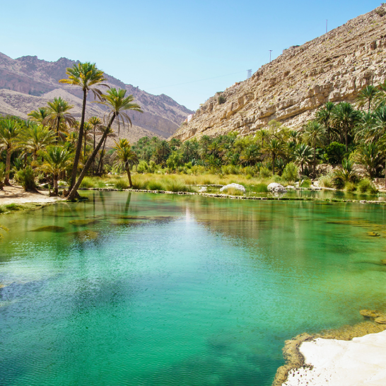 Ein Fluss mit einigen Palmen in der Mitte, aufgenommen in Unteregs, Oman.