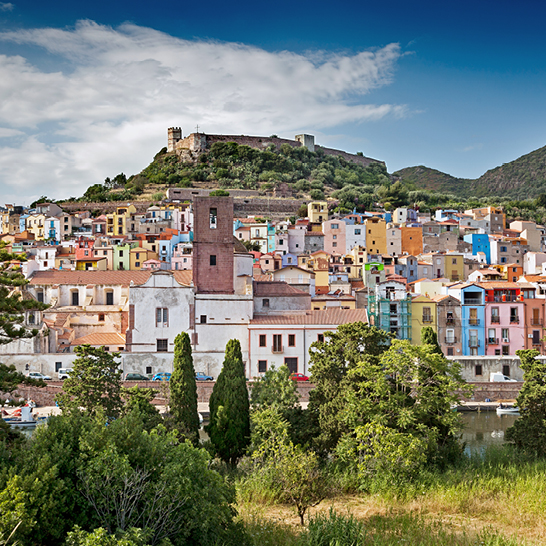 Blick auf die Stadt Bosa mit vielen Gebäuden und Bäumen, die eine lebendige städtische Landschaft zeigen.