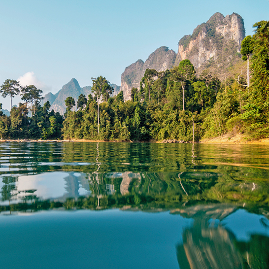 Ein See mit Bergen im Hintergrund, umgeben von der üppigen Natur von Khao Sok, Thailand.