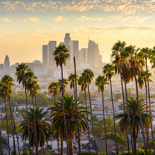 Blick auf die Stadtansicht von einem Hügel in Kalifornien, mit Wolkenkratzern und einer klaren blauen Himmel.