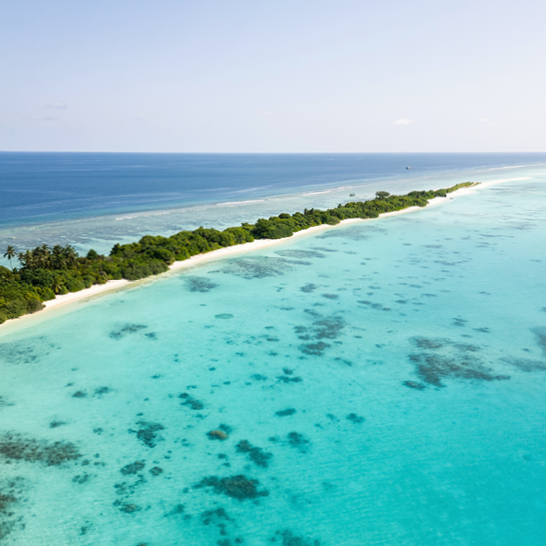 Luftaufnahme der Insel Dhigurah auf den Malediven, bekannt für ihren langen weißen Sandstrand gesäumt von Palmen im Süd-Ari-Atoll.