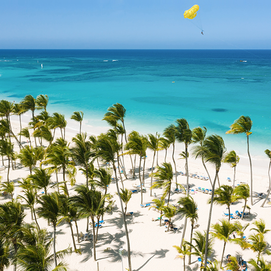 Üppige und unberührte Sandküste mit Kokospalmen, das karibische Meer umspült die tropische Küste. Strand von Arenda Gorda. Dominikanische Republik. Luftaufnahme 